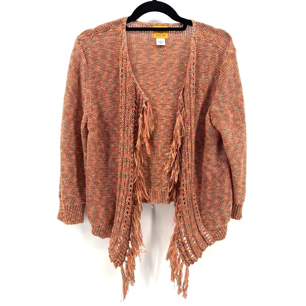 Ruby Rd Cardigan Sweater Orange Fall Fringe Boho Colorful Cozy Preppy Women L
